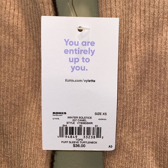 Vylette Puff Sleve Turtleneck in Camel Color SZ: XS - Picture 3 of 7